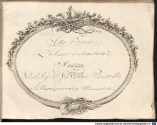 L' Amor contrastato, V (9), Coro, orch, RobP 1.76 - BSB Mus.ms. 3733 : [title page, vol.1, f.1r:] Atto Primo // L'Amor contrastato // Musica // Del Sig: D. Giovanni Paisiello // In Napoli presso Luigi Marescalchi // [title page, vol.1, f.2r:] L'Amor Contrastato // Commedia per Musica // Di Giuseppe Palomba // rappresentata // Nel Teatro de' Fiorentini // Musica // Del Sig r D. Giovanni Paisiello // All'attual servizio delle LL MM. In qualità di Maestro di Camera e Compositore // In Napoli 1789