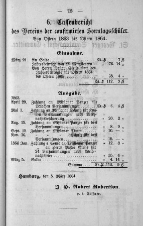 6. Cassenbericht des Vereins der confirmirten Sonntagsschüler.