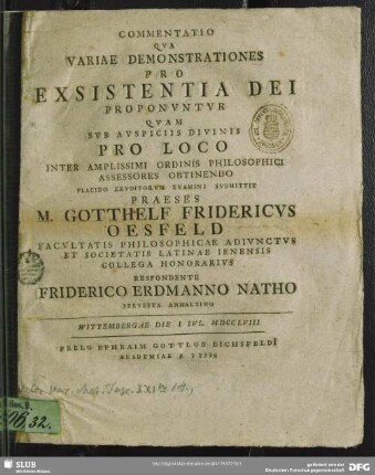 Commentatio Qua Variae Demonstrationes Pro Exsistentia Dei Proponuntur