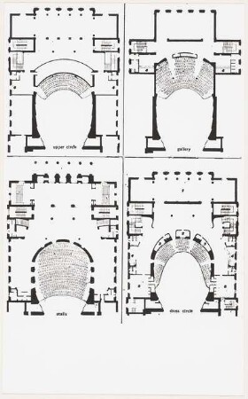 Nationaltheater, Weimar Wiederaufbau: 4 Grundrisse (upper circle bzw. 2.OG, gallery bzw. 3.OG, stalls bzw. Parkett, dress circle bzw. 1.OG)