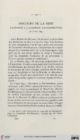 1921: Discours de la Hire, prononcé à l'Académie d'architecture le 5 mai 1699