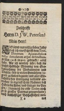 Zuschrifft an Herrn D.J.W. Petersen! Mein Herr!