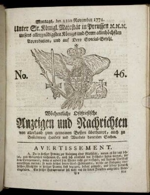 No. 46. Montags, den 11ten November 1771.