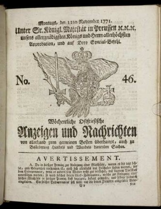 No. 46. Montags, den 11ten November 1771.