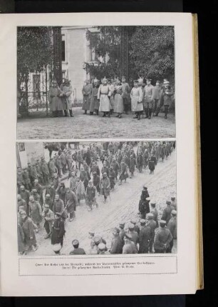 Oben: Der Kaiser und der Kronprinz während des Vorbeimarsches gefangener Garibaldianer. Unten: Die gefangenen Garibaldianer.