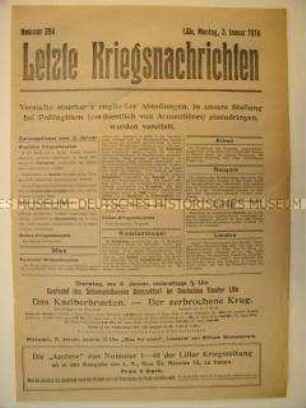 Mitteilungsblatt "Letzte Kriegsnachrichten" mit Kurzmeldungen von verschiedenen Kriegsschauplätzen