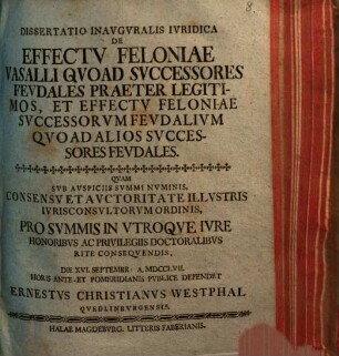 Dissertatio Inavgvralis Ivridica De Effectv Feloniae Vasalli Qvoad Svccessores Fevdales Praeter Legitimos, Et Effectv Feloniae Svccessorvm Fevdalivm Qvoad Alios Svccessores Fevdales