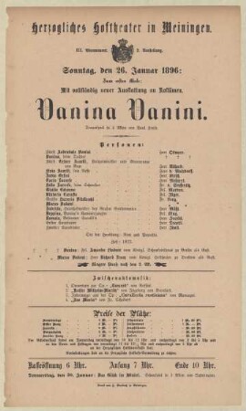 Theaterzettel zur Aufführung des Trauerspiels "Vanina Vanini. von Paul Heyse" in der Spielzeit 1895/96 des Herzoglichen Hoftheaters in Meiningen.