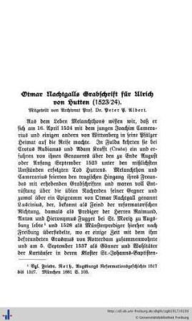 Otmar Nachtgalls Grabschrift für Ulrich von Hutten (1523/24)