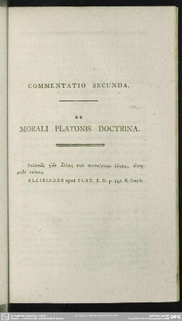 Commentatio Secunda. De Morali Platonis Doctrina