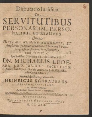 Disputatio Iuridica De Servitutibus Personarum, Personalibus, Et Realibus