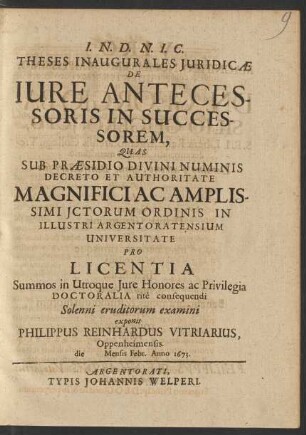 Theses Inaugurales Iuridicae De Iure Antecessoris In Successorem