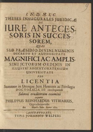 Theses Inaugurales Iuridicae De Iure Antecessoris In Successorem
