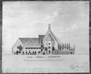 Ansicht des Schlosses zu Chemnitz (Ostseite). Federzeichnung, farbig laviert; 52,5 x 63,5 cm, gezeichnet von Emil Lehn, 1836
