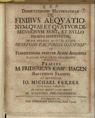 Dissertationem Mathematicam De Finibvs Aeqvationvm, Qvae Et Qvatvor Dimensionvm Svnt, Et Nvllo Termino Destitvvntvr