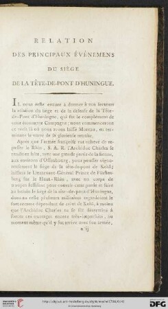 Relation des principaux événemens du siége de la Tête-de-Pont d'Huningue