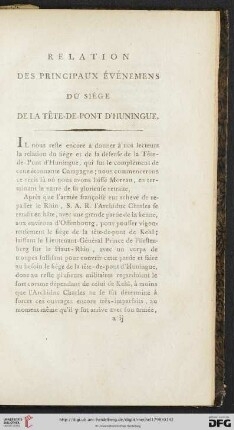 Relation des principaux événemens du siége de la Tête-de-Pont d'Huningue