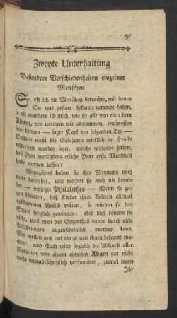 Zweyte Unterhaltung. Besondere Verschiedenheiten einzelner Menschen