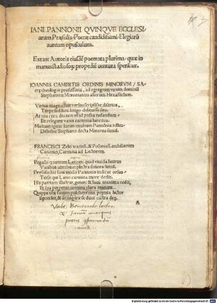 Iani Pannonii Qvinqve Ecclesiarum Praesulis Poetae candidissimi Elegiaru[m] aureum opusculum ...