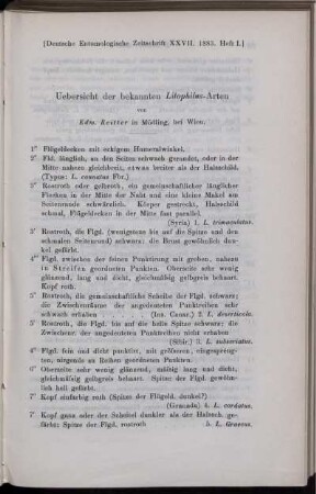 Uebersicht der bekannten Litophilus-Arten