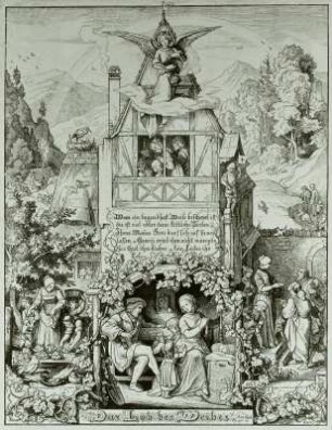 Das Lob des Weibes. Wem ein tugendhaft Weib bescheret ist... : Das Lob des Weibes. Wem ein tugendhaft Weib bescheret ist... Aus der Folge "Beschauliches und Erbauliches", Holzschnitt; 264 x 203 mm. 1851