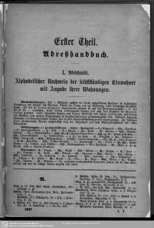 Einwohnerverzeichnis : I. Abschnitt. Alphabetischer Nachweis der selbständigen Einwohner mit Angabe ihrer Wohnungen.