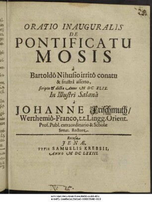 Oratio Inauguralis De Pontificatu Mosis a Bartoldo Nihusio irrito conatu & frustra asserto