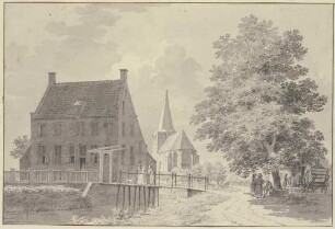 Haus mit Wassergraben und Steg, hinten die Kirche, rechts ein Baum, unter welchem ein Wagen und mehrere Figuren stehen