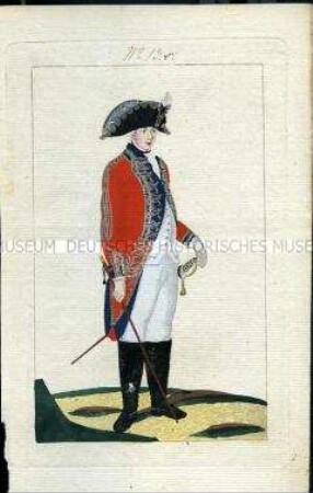 Uniformdarstellung, Offizier des Kürassier-Regiments K 13 "Garde du Corps" in Gala-Uniform, Königreich Preußen, 1789, Tafel aus: Horvath: Preussische Armee-Uniformen unter der Regierung Friedrich Wilhelm II.