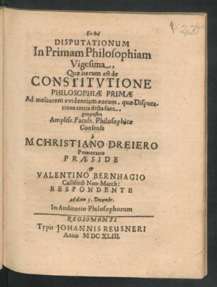 Disputationum In Primam Philosophiam Vigesima, Quae iterum est de Constitutione Philosophiae Primae