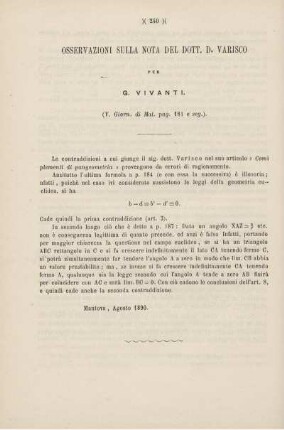 Osservazioni sulla Nota del Dott. D. Varisco.