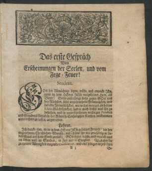 Das erste Gespräch. Von Erscheinungen der Seelen, und vom Fege-Feuer!