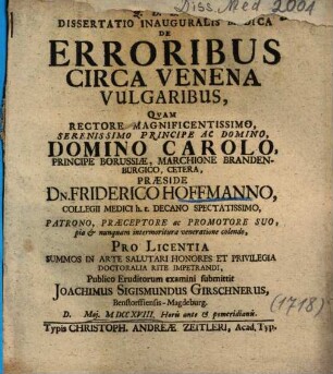Dissertatio Inauguralis Medica De Erroribus Circa Venena Vulgaribus