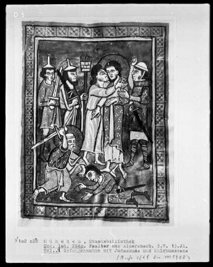 Psalter aus Aldersbach — Gefangennahme Christi mit Judaskuß und Malchusszene, Folio 9recto