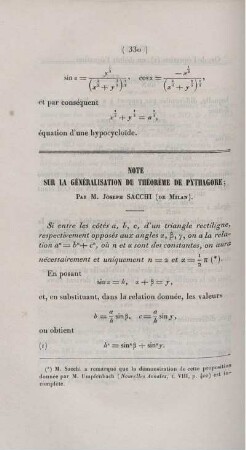 Note sur la généralisation du théorème de Pythagore.