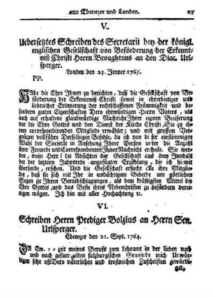 VI. Schreiben Herrn Prediger Bolzius an Herrn Sen. Urlsperger.