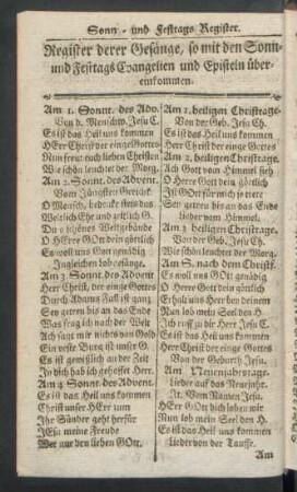 Register derer Gesänge, so mit den Sonn- und Festtags Evangelien und Episteln übereinkommen