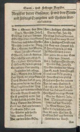 Register derer Gesänge, so mit den Sonn- und Festtags Evangelien und Episteln übereinkommen