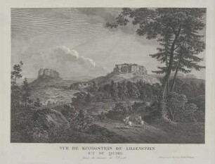 Ansicht der Festung Königstein mit dem Lilienstein, Kupferstich, 1815 : Vue de Königstein du Lilienstein et du Quirl : prise du chemin de Dresde / dessinée d'aprés nature et gravé par Richter. - Francfort sur le Mein : Frédéric Wilmans , [ca. 1815]. - 1 Kunstblatt : einfarb. Stich ; 45 x 31 cm