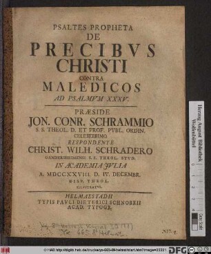 Psaltes Propheta De Precibvs Christi Contra Maledicos Ad Psalmvm XXXV.