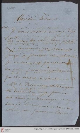 Briefe von Petro de Castel-Branco an Carl Joseph Anton Mittermaier: Brief von Pedro de Castel-Branco an Auguste Durand, [o. D.]