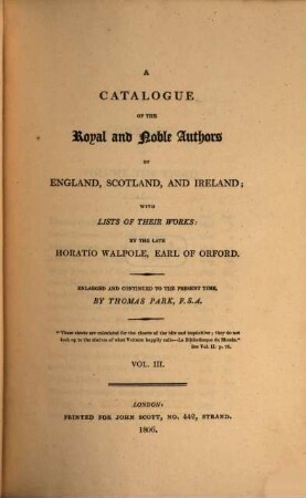 A catalogue of the royal and noble authors of England, Scotland and Ireland : with lists of their works, 3