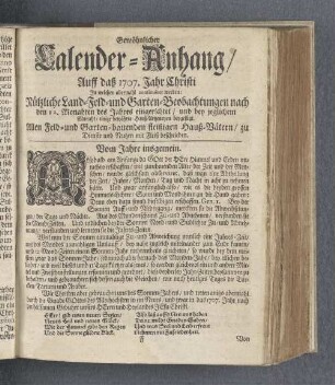 Gewöhnlicher Calender-Anhang/ Auff daß 1707. Jahr Christi