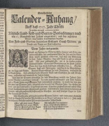 Gewöhnlicher Calender-Anhang/ Auff daß 1707. Jahr Christi