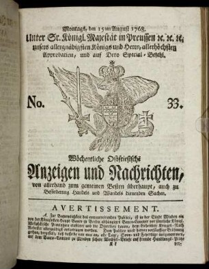 No. 33. Montags, den 15ten August 1768.