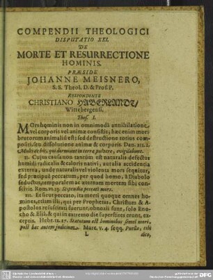 Disputatio XXI. De Morte Et Resurrectione Hominis, Praeside Johanne Meisnero, ... Respondente Christiano Haberlandt