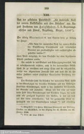 XIII. Aus der gekrönten Preisschrift: "die materielle Noth der untern Volksklassen und ihre Ursachen" von August Freiherrn von Holzschuber, k. b. Regierungsassessor und Fiscal, Augsburg, Rieger, 1850