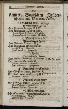 VII. Aemter, Societäten, Brüderschaften und Wittwen-Cassen.