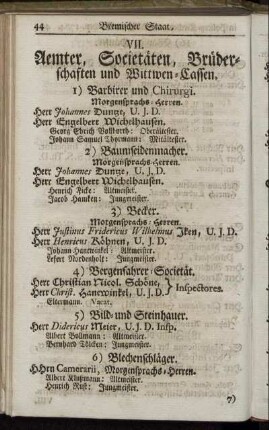 VII. Aemter, Societäten, Brüderschaften und Wittwen-Cassen.