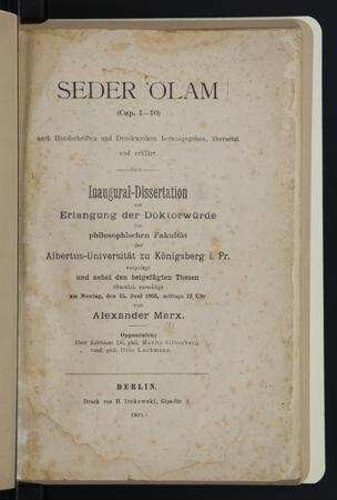 Seder 'Olam (Cap. 1-10) nach Handschriften, und Druckwerken hrsg., übersetzt und erklärt / von Alexander Marx